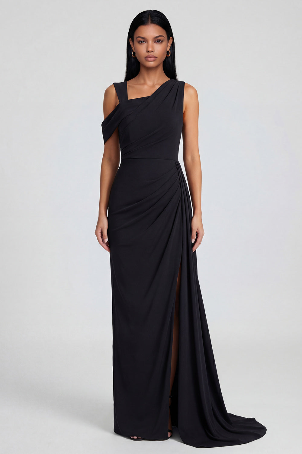 Black Ruched Long Sheath One Shoulder Formal Dress with Side Cape