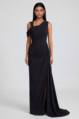 Black Ruched Long Sheath One Shoulder Formal Dress with Side Cape