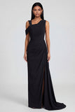 Black Ruched Long Sheath One Shoulder Formal Dress with Side Cape