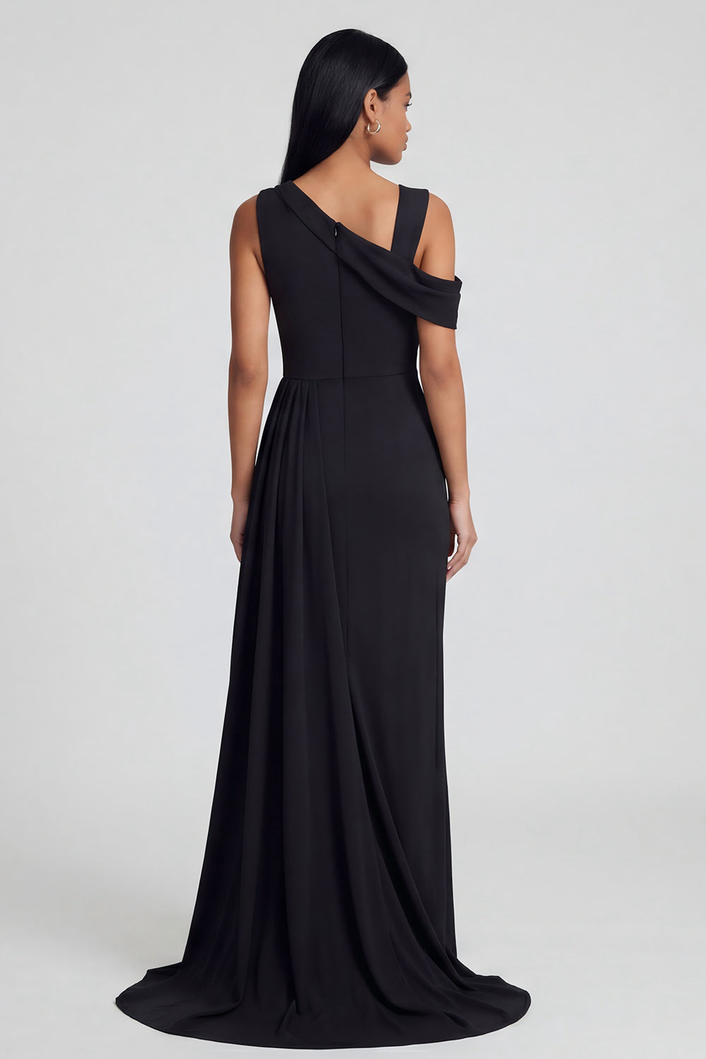 Black Ruched Long Sheath One Shoulder Formal Dress with Side Cape