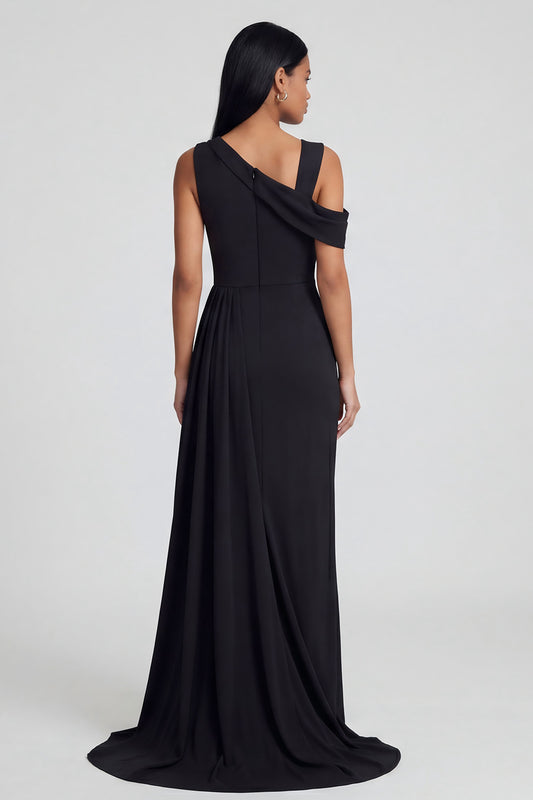 Black Ruched Long Sheath One Shoulder Formal Dress with Side Cape