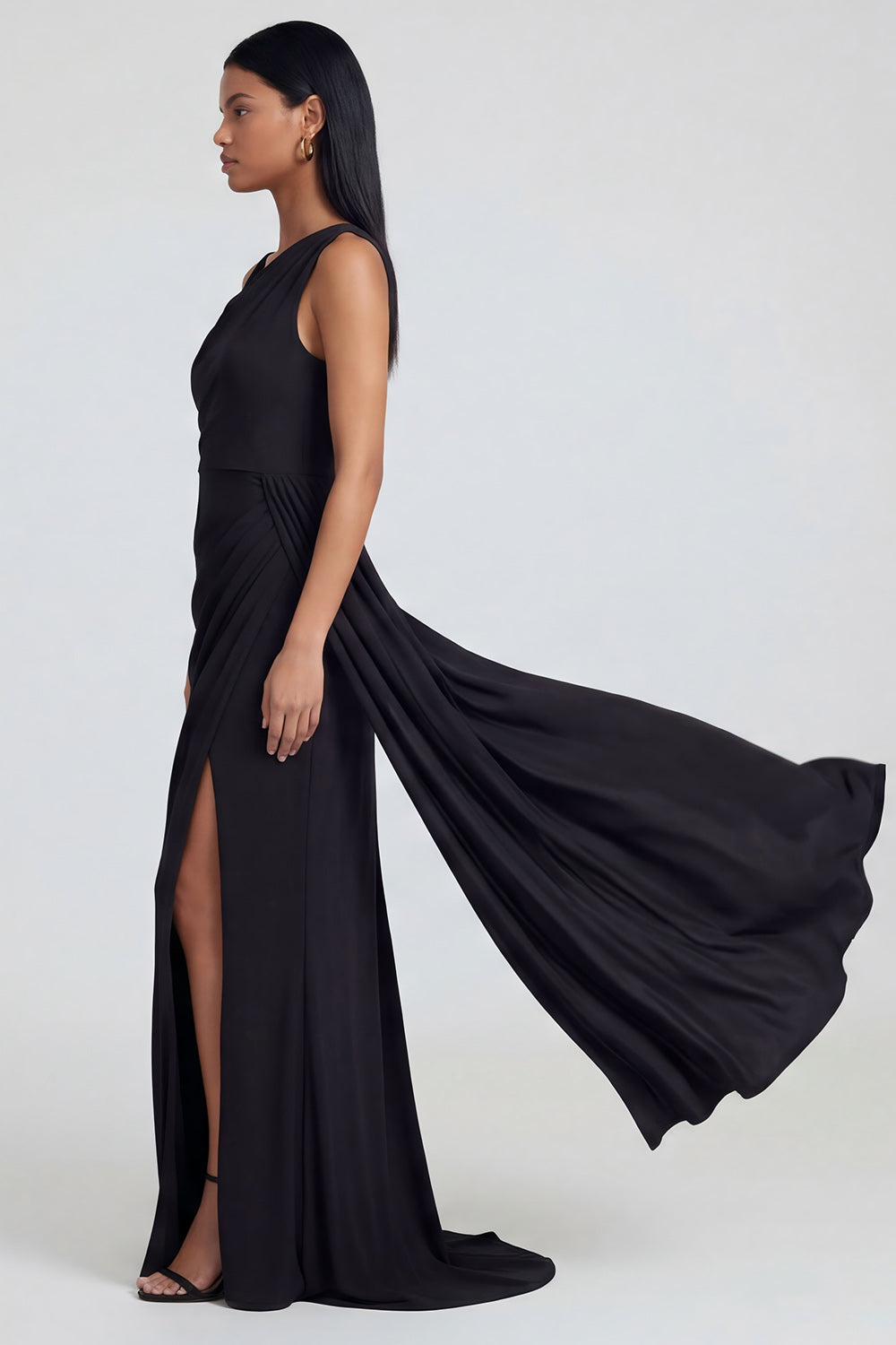 Black Ruched Long Sheath One Shoulder Formal Dress with Side Cape