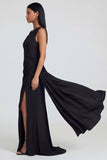 Black Ruched Long Sheath One Shoulder Formal Dress with Side Cape