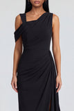 Black Ruched Long Sheath One Shoulder Formal Dress with Side Cape