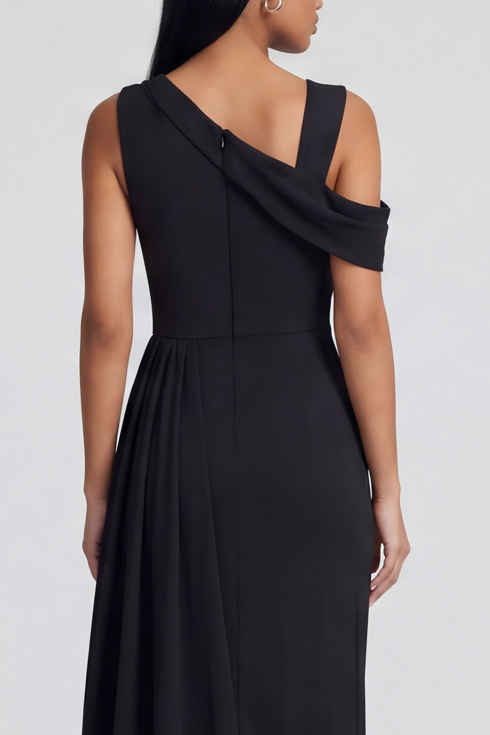 Black Ruched Long Sheath One Shoulder Formal Dress with Side Cape