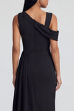 Black Ruched Long Sheath One Shoulder Formal Dress with Side Cape