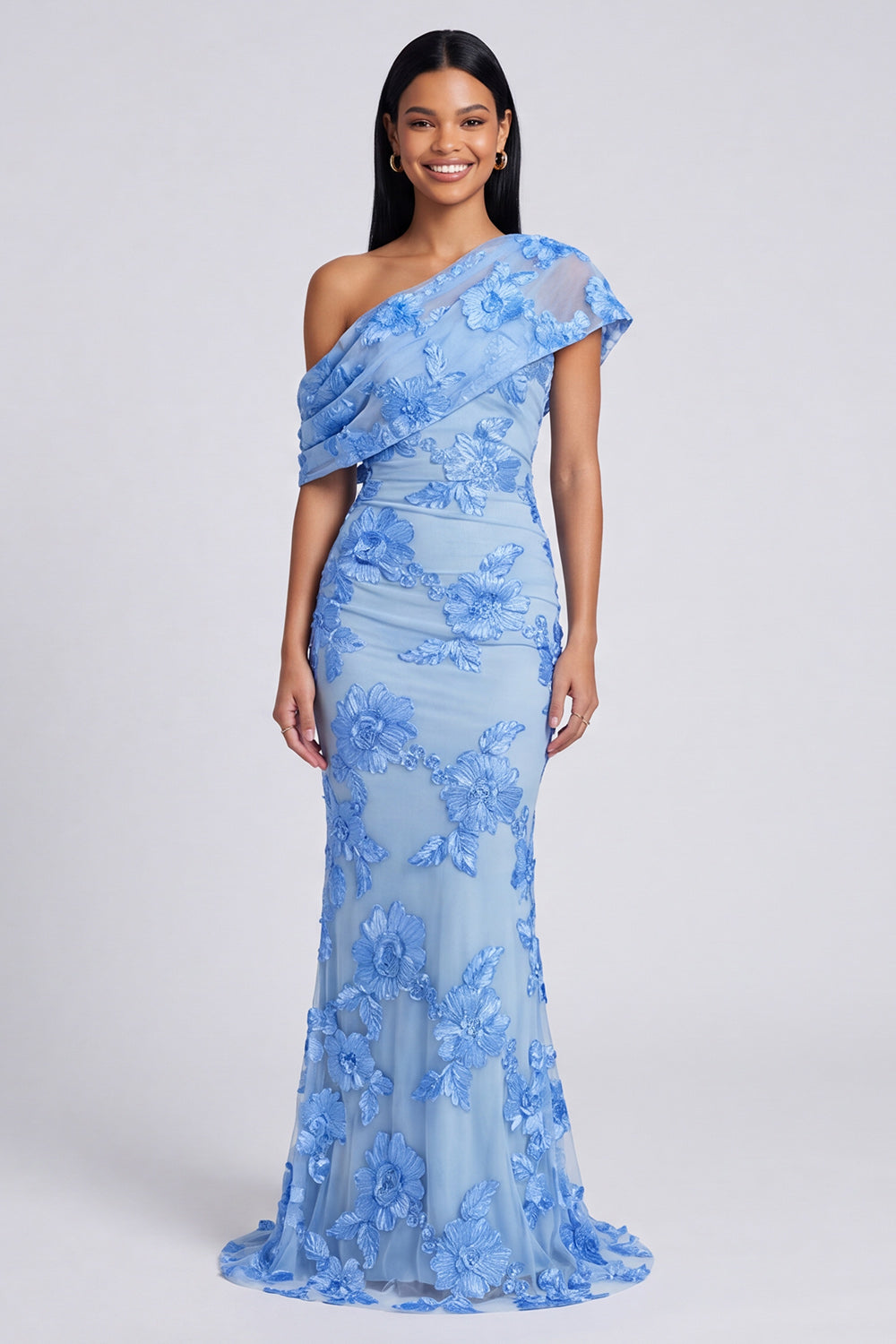 Floral Butter Yellow One Shoulder Ruched Long Mermaid Formal Dress