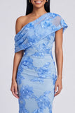 Floral Butter Yellow One Shoulder Ruched Long Mermaid Formal Dress