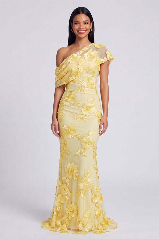 Floral Butter Yellow One Shoulder Ruched Long Mermaid Formal Dress