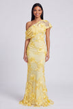 Floral Butter Yellow One Shoulder Ruched Long Mermaid Formal Dress