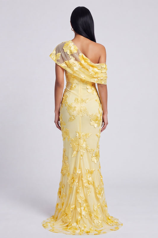 Floral Butter Yellow One Shoulder Ruched Long Mermaid Formal Dress