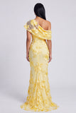 Floral Butter Yellow One Shoulder Ruched Long Mermaid Formal Dress
