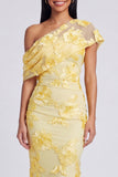 Floral Butter Yellow One Shoulder Ruched Long Mermaid Formal Dress