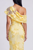 Floral Butter Yellow One Shoulder Ruched Long Mermaid Formal Dress
