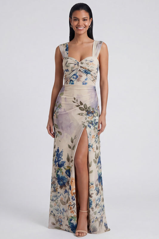 Ivory Floral Ruched Long Mermaid Formal Dress with Slit