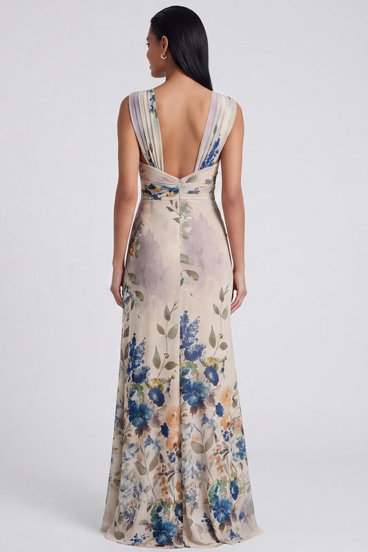 Ivory Floral Ruched Long Mermaid Formal Dress with Slit