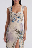 Ivory Floral Ruched Long Mermaid Formal Dress with Slit