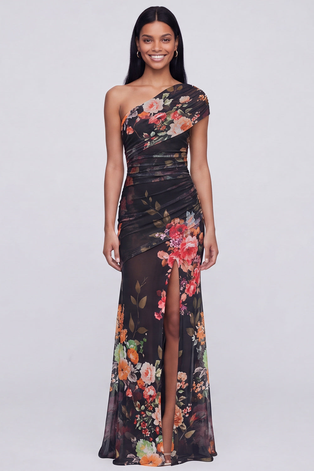 Champagne One Shoulder Floral Ruched Long Mermaid Formal Dress with Slit
