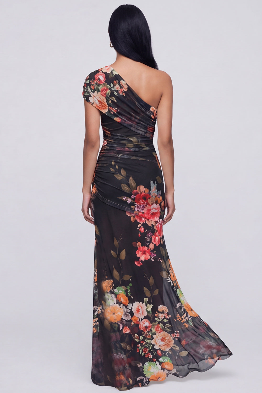 Champagne One Shoulder Floral Ruched Long Mermaid Formal Dress with Slit