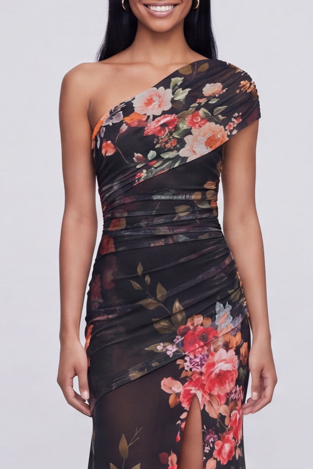 Champagne One Shoulder Floral Ruched Long Mermaid Formal Dress with Slit