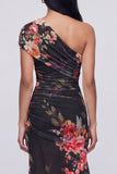Champagne One Shoulder Floral Ruched Long Mermaid Formal Dress with Slit