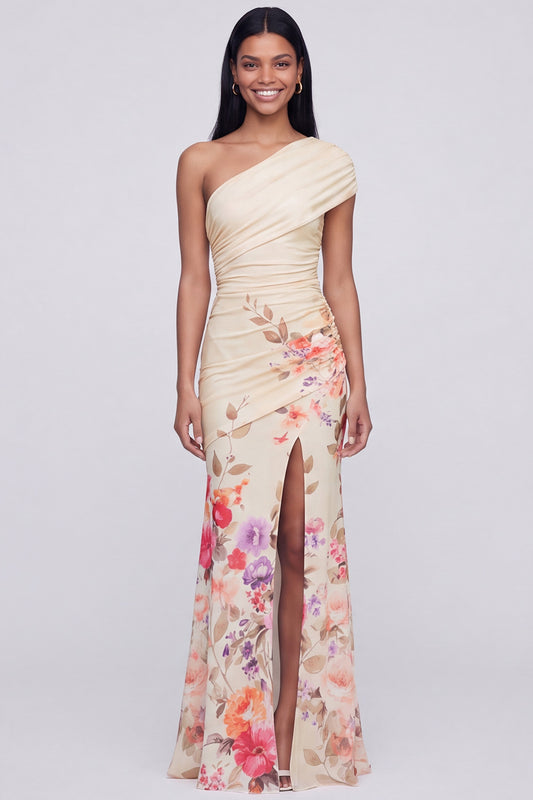 Champagne One Shoulder Floral Ruched Long Mermaid Formal Dress with Slit
