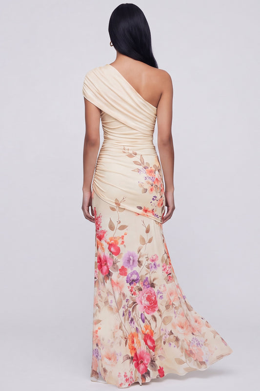 Champagne One Shoulder Floral Ruched Long Mermaid Formal Dress with Slit