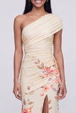 Champagne One Shoulder Floral Ruched Long Mermaid Formal Dress with Slit