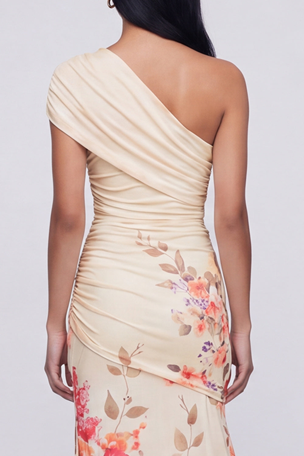 Champagne One Shoulder Floral Ruched Long Mermaid Formal Dress with Slit