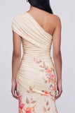 Champagne One Shoulder Floral Ruched Long Mermaid Formal Dress with Slit