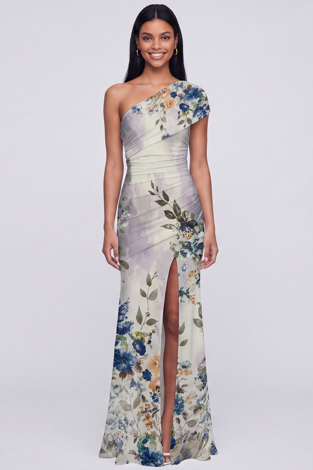 Champagne One Shoulder Floral Ruched Long Mermaid Formal Dress with Slit