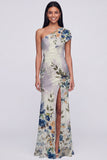 Champagne One Shoulder Floral Ruched Long Mermaid Formal Dress with Slit