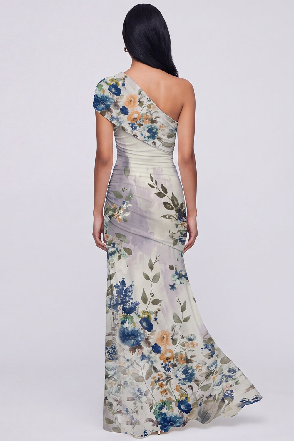 Champagne One Shoulder Floral Ruched Long Mermaid Formal Dress with Slit