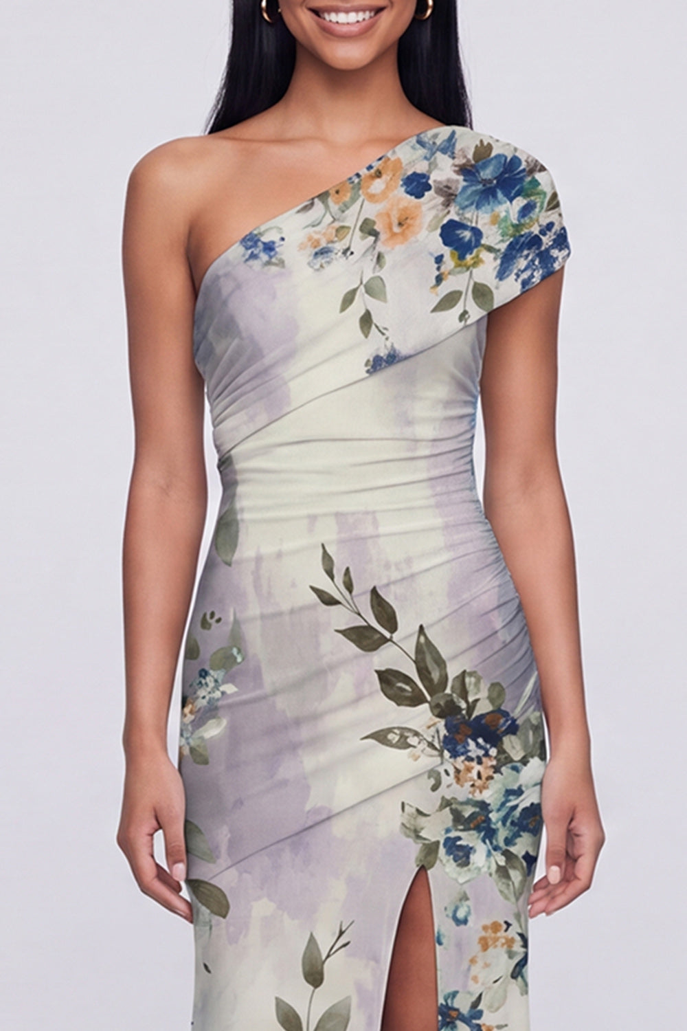 Champagne One Shoulder Floral Ruched Long Mermaid Formal Dress with Slit
