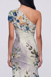 Champagne One Shoulder Floral Ruched Long Mermaid Formal Dress with Slit