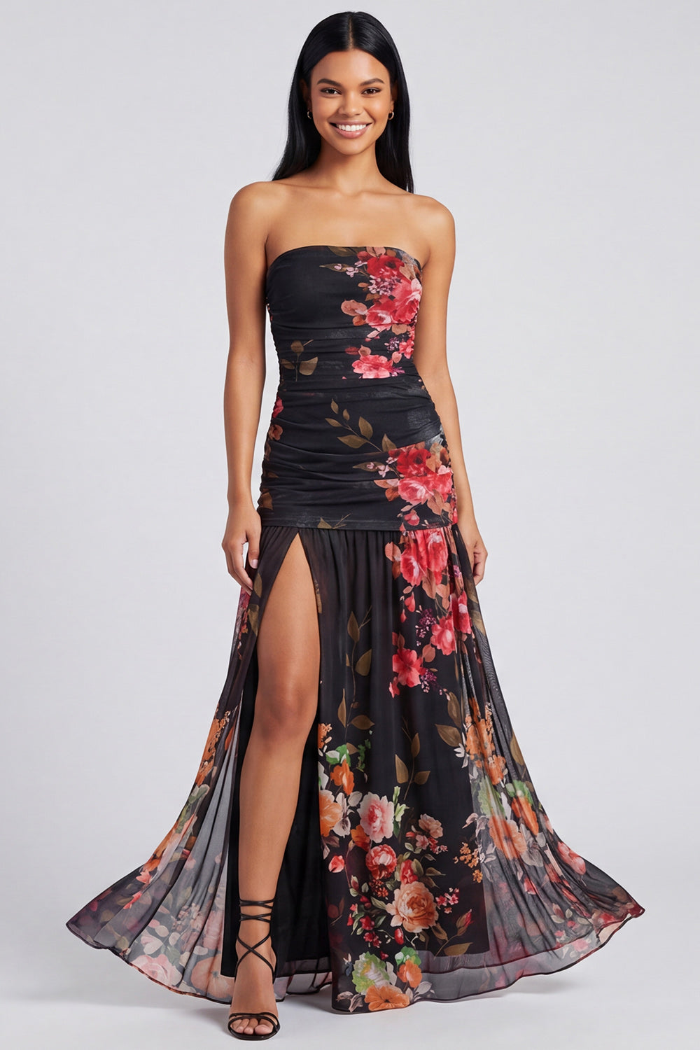 Ivory Strapless Floral Ruched Long A Line Formal Dress with Slit