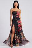 Ivory Strapless Floral Ruched Long A Line Formal Dress with Slit
