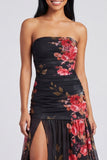 Ivory Strapless Floral Ruched Long A Line Formal Dress with Slit