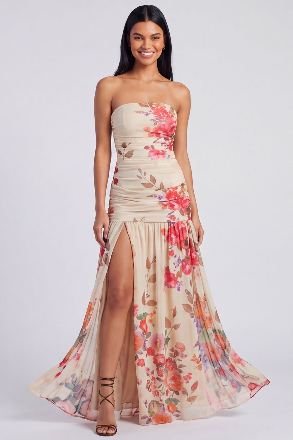 Ivory Strapless Floral Ruched Long A Line Formal Dress with Slit