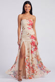 Ivory Strapless Floral Ruched Long A Line Formal Dress with Slit