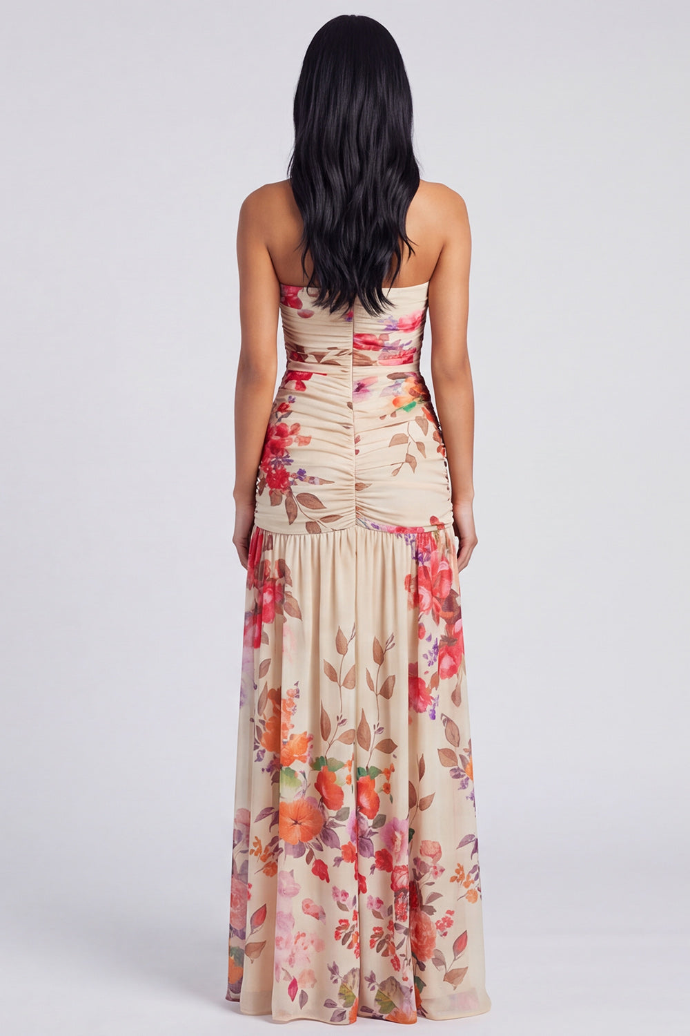 Ivory Strapless Floral Ruched Long A Line Formal Dress with Slit