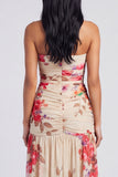 Ivory Strapless Floral Ruched Long A Line Formal Dress with Slit