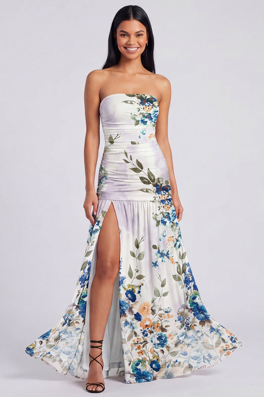 Ivory Strapless Floral Ruched Long A Line Formal Dress with Slit