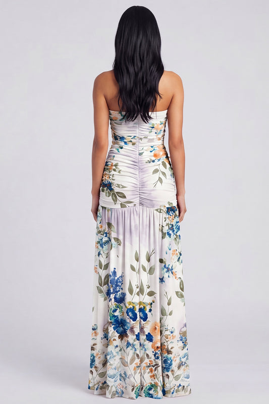 Ivory Strapless Floral Ruched Long A Line Formal Dress with Slit
