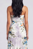 Ivory Strapless Floral Ruched Long A Line Formal Dress with Slit