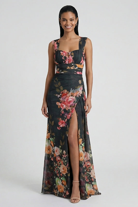 Black Floral Ruched Long Mermaid Formal Dress with Slit
