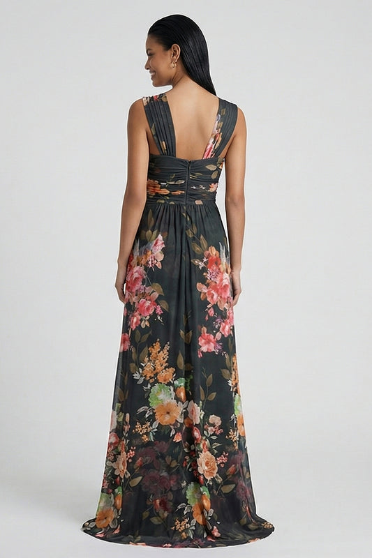 Black Floral Ruched Long Mermaid Formal Dress with Slit