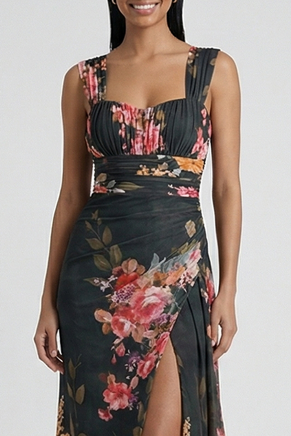 Black Floral Ruched Long Mermaid Formal Dress with Slit