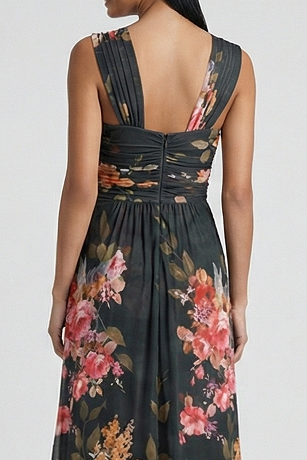 Black Floral Ruched Long Mermaid Formal Dress with Slit