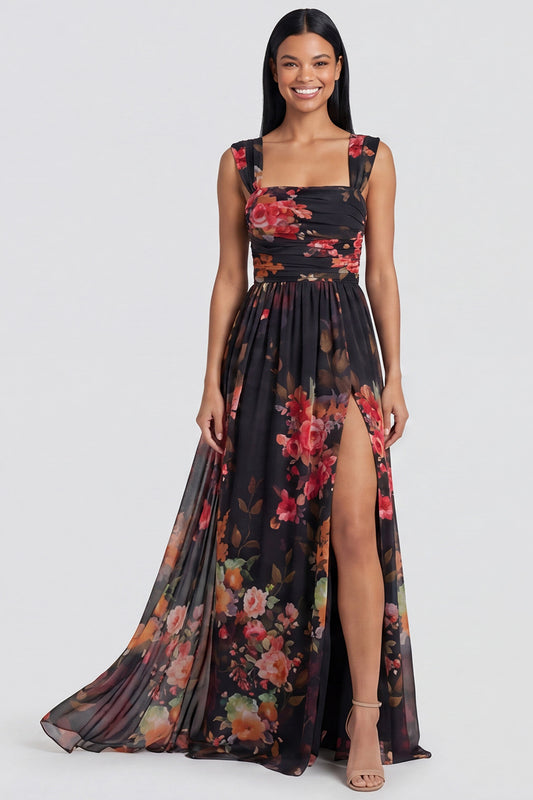 Square Neck Black Floral Ruched Long A Line Formal Dress with Slit